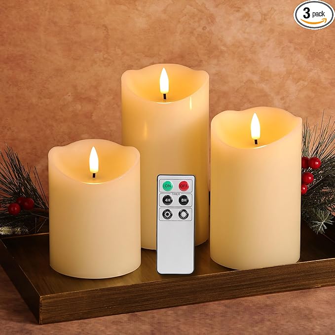 Ivory Flameless Pillar Candles with Remote, LED Candles Battery Operated, Real Wax Electric Candles Flickering Set of 3