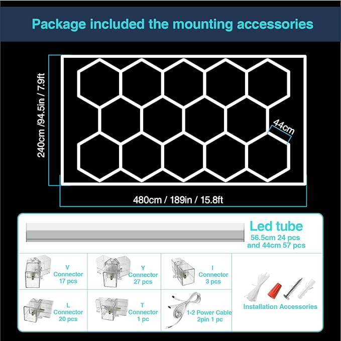 Hexagon Garage Lights Dimmable: Upgraded 3 Level 20% 50% 100% Dimmable 14 Hex Grid with Frame, 6500K Honeycomb Celling LED Garage Lights for Basement, Warehouse, Auto Beauty Car Detailing Shop
