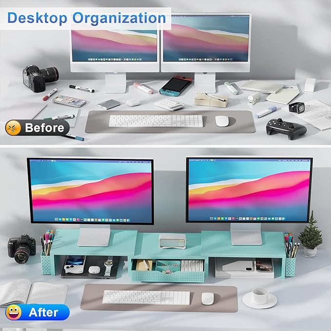 gianotter Dual Monitor Stand Riser, Desk Organizer With Drawer and 2 Pen Holders, Monitor Stand for Desk, Office Decor Essentials (Blue)