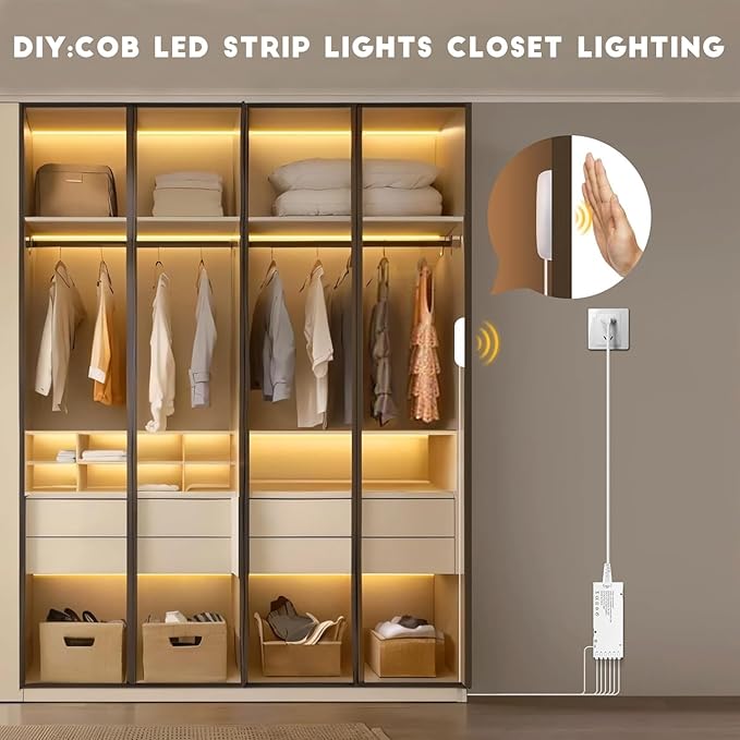 COB LED Strip Lights 12V Penetrable Wood Touch Dimmable LED Under Cabinet Light Kit with 60W Adapter 2M/6.56FT Flexible COB LED Strip for DIY Kitchen,Cabinet,Counter,Shelf,Showcase Decor