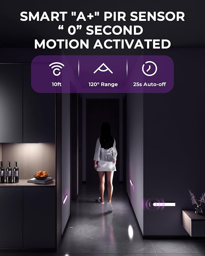 ASOKO HOME Under Cabinet Lights Motion Sensor Light Indoor 3-Light Colors 2000mAh Rechargeable LED Closet Lights Battery Operated Under Cabinet Lighting Wireless (3-Light Colors, 2Pack)