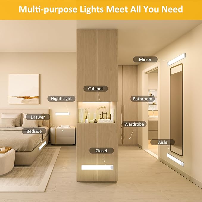 Motion Sensor Under Cabinet Lights, Magnetic Rechargeable Under Counter Closet Light, Wireless Night Light Bar Stick-On, 5-Pack, 3000K Warm White