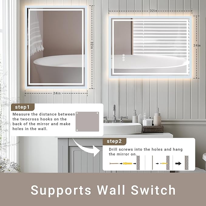36"x 36" LED Bathroom Mirror with Stepless Dimmable, Backlight Wall Mirrors with Anti-Fog Bathroom Digital Mirror for Wall, 3 Color Modes, Memory Function Smart Mirror