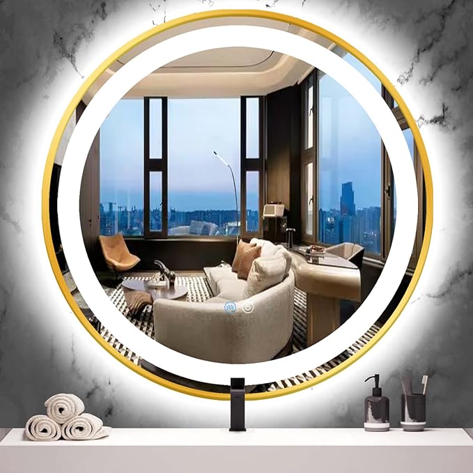 32 inches Round Gold Frame LED Bathroom Mirror, Wall Mount Home Mirror with 3 Color Dimmable Lights, Anti-Fog Smart Touch Sensor Mirror