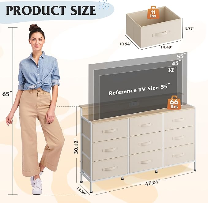 WLIVE Dresser TV Stand for 45, 50, 55 inch TV, Entertainment Center with LED Lights & Charging Station, Chest of Drawers with 9 Fabric Drawers and Open Shelves for Living Room, Hallway, Cream White