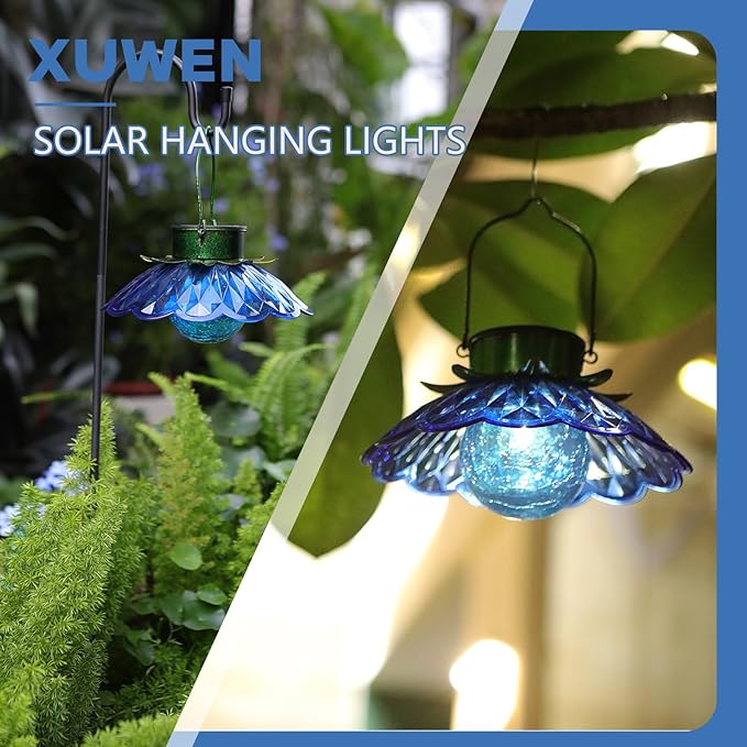 XUWEN Solar Lights Outdoor Waterproof - Blue Solar Flower Lights with Crackle Globe Glass Light, Hanging Lanterns Decorative Outdoor for Yard Walkway Lawn Fence,Christmas Housewarming Gifts for Women.