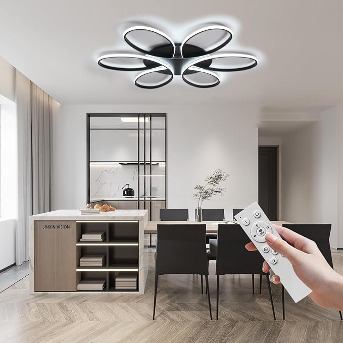 Modern LED Ceiling Light Fixture Black Flush Mount Ceiling Lamp with Remote Control Dimmable 6 Rings Flower Shaped Ideal for Living Room Bedroom Dining Room Kitchen(75CM/29.5IN)