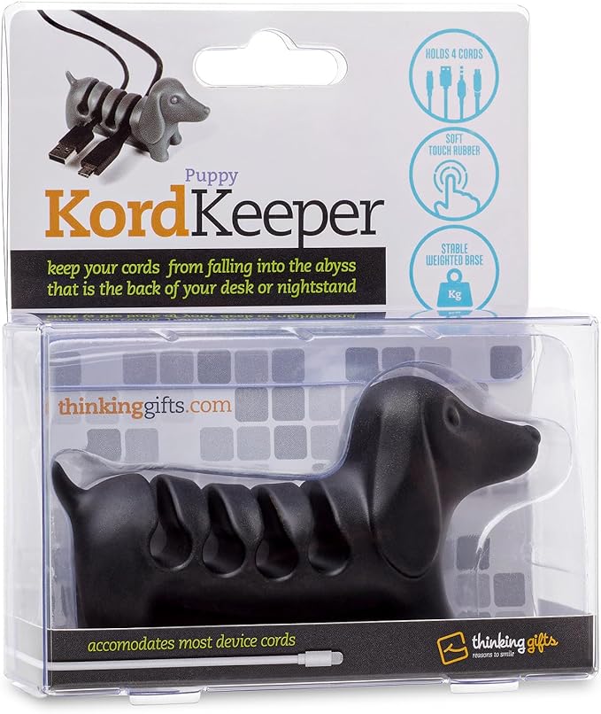 Gifts for Readers & Writers Cord Organizer, Office Desk Organizing & Cable Management Accessory, Kord Keeper Dog, Weighted Wire Holder to Organize Phone & Device Charger Cords, Black