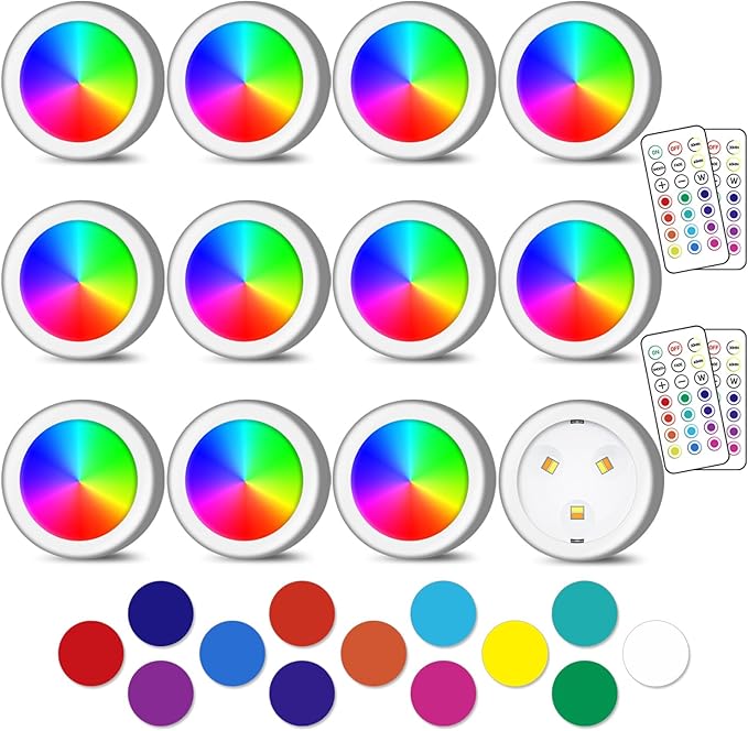 Puck Lights, 13 Colors Changeable LED Puck lightings Battery Powered Dimmable Under Cabinet Lights, Battery Powered Under Counter Lights with Wireless Remote Controls for Kitchen