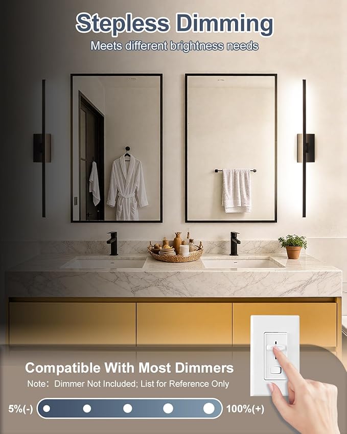 Aosclex 32 Inch Wall-Mounted Bathroom Lighting Fixtures, 180° Rotatable, 24W 2160LM, 5CCT Adjustable (2700K–6000K), Dimmable LED Light Fixture, Black Modern Bathroom Vanity Light, ETL Certificated