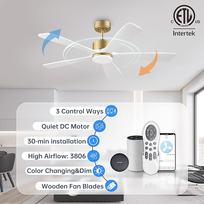 52 Inch Smart Ceiling Fan with Light,Wood Ceiling Fan Voice Control via WIFI Alexa App,Quiet DC Motor,Dimmable LED,Modern Outdoor Indoor Ceiling Fans for Bedroom Patio Porch,5 Solid Wood Blades