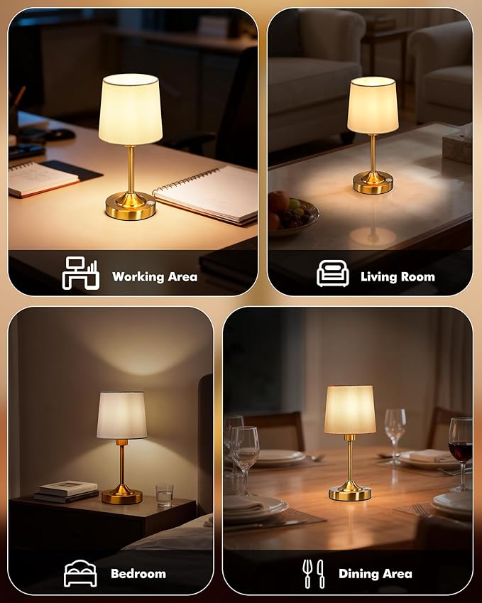 Cordless Table Lamp, 5000mAh Rechargeable Table Lamp with 3-Level Dimmable Brightness, Portable Nightstand LED Lamp for Bedroom, Living Room, Bedside, Dining Room (Gold)