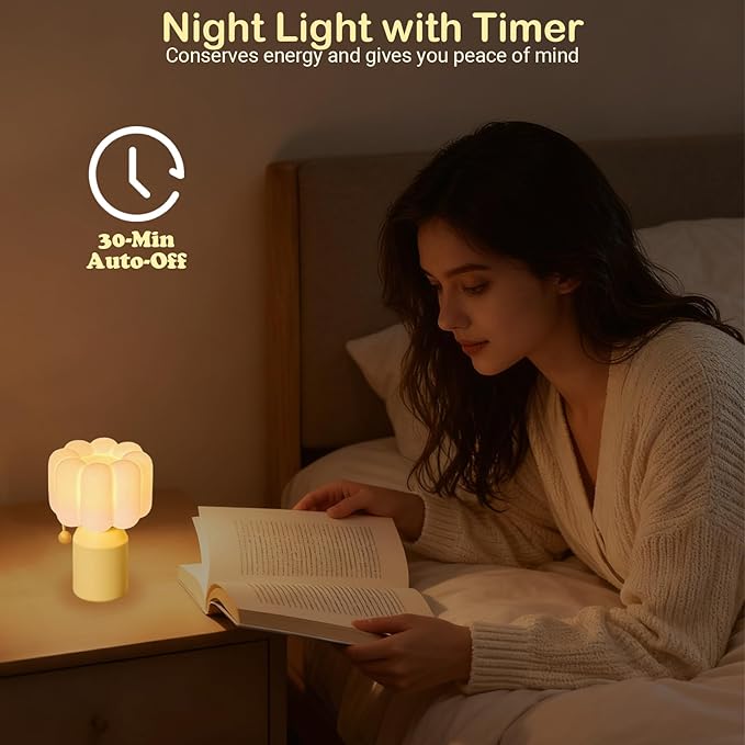 Mini Night Light for Bedroom, Flower Silicone Night Light with 30min Timer, Touch Control Dimmable Lamp with 3 Brightness Levels, LED Rechargeable Nightlight, Cute Bedside Lamp for Kids Gifts (Yellow)
