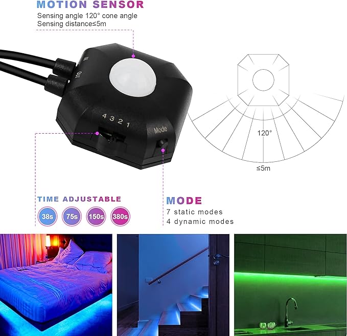 Motion Activated Under Bed Lights, 2x9.84ft 5050 RGB Color Changing LED Strip Lights with Sensor, APP Control and Music Sync, Dimmable Night Light for Bedroom Stair Christmas Decor