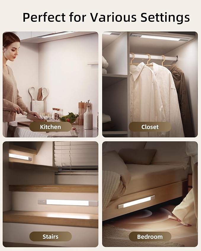 EZVALO Under Cabinet Lighting, 2200mAh Rechargeable Battery, 76 LEDs Dimmable Closet Lights, 3 Color Temps, Motion Sensor Light Indoor for Kitchen, Wardrobe