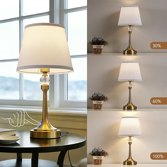 19.7'' Touch Table Lamps for Living Room, Small Lamp for Bedroom with USB C+A Ports, Dimmable Touch Lamps Set of 2, Reading Desk Lamp for Office, Metal Bedside Lamps, Bulbs Included, Gold