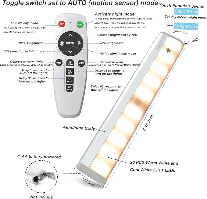 LDOPTO Motion Sensor Under Cabinet Lights with Remote 2 Pack, Dimmable Battery Operated Closet Lighting, LED Night Lights Indoor for Kitchen Hallway Stairway, tunable 3 Colors with timers