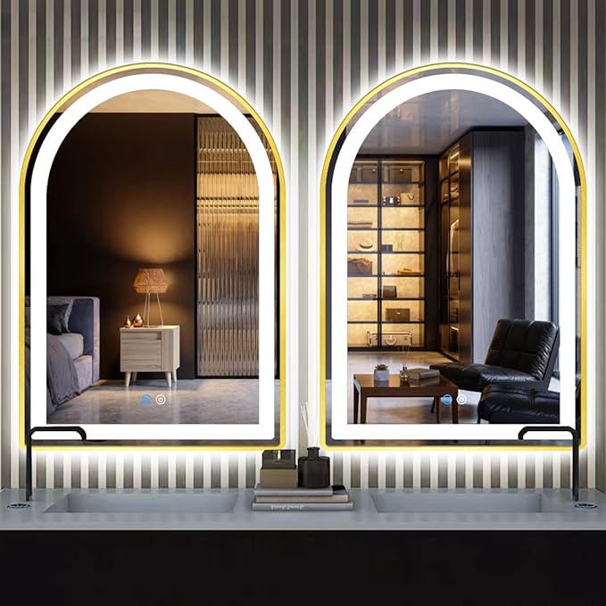 20 x 30 Inch Gold Framed Arch LED Mirror for Bathroom Salon Wall Table Arch Makeup Vanity Mirror with Lights Gold Frame Smart Memory 3 Color Dimmable AntiFog 30 Golden Arched Lighted Mirror