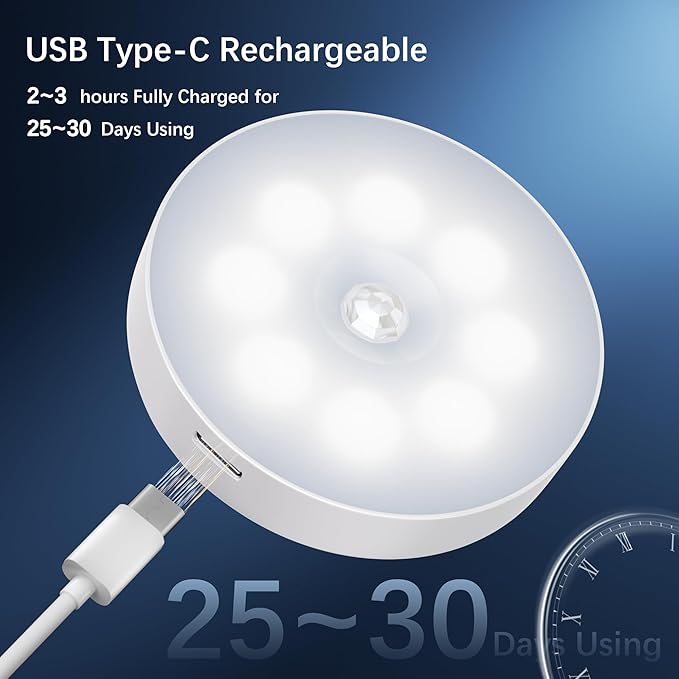 Under Cabinet Light Motion Sensor - Rechargable Closet Puck Lights, Stick on Night Lighting Magnet, Under Counter Lights Kitchen, LED Montion Sensor Light, Wireless Locker Nightlights 3-Pack