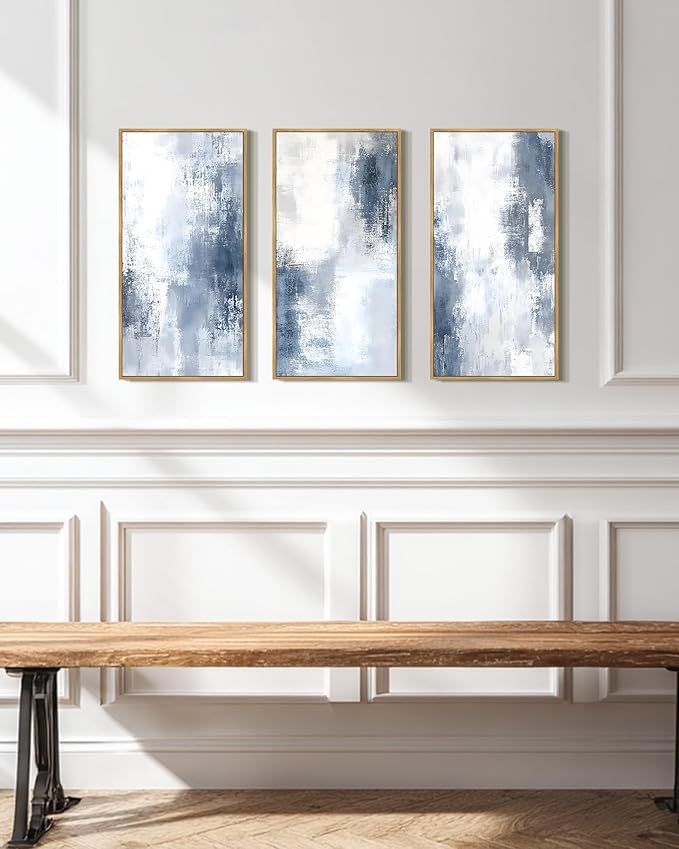 KUVIOKE Large 12x24in Abstract Wall Art Blue Gray White Minimalist Painting Modern Decor Bedroom Living Room Ready to Hang Natural Framed
