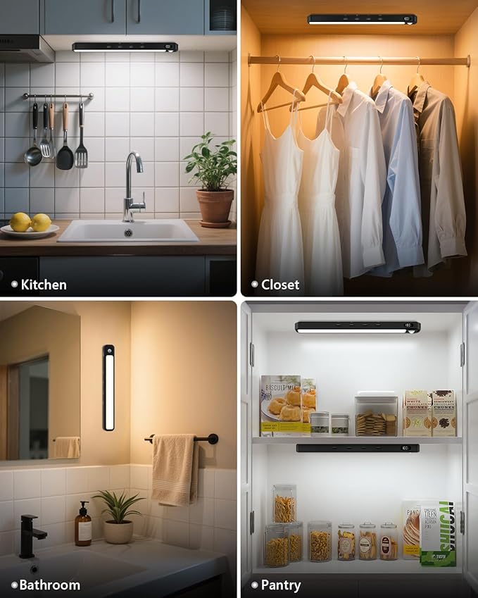 WILLED Under Cabinet & Closet Lights, Motion Sensor, Rechargeable, Magnetic, 3 Color Temps, Dimmable LED Light Bar for Indoor Kitchen Counter (4 Pack, Black)