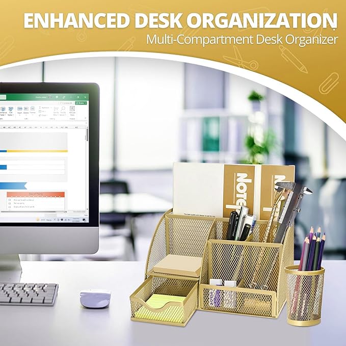 Flexzion Desk Caddy Organizer Set (Gold) - Metal Mesh Desktop Caddy with Drawers, 6 Compartments, and Pencil Holder for Women & Men - Desktop Organizer and Storage for Work or Office Supplies