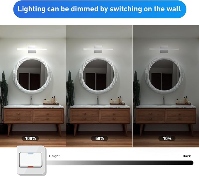 Combuh 16Inch LED Bathroom Vanity Light Bar Color Changing 3CCT Dimmable Shining Over Mirror Lighting Fixture Indoor Wall Sconces Modern 9W Chrome