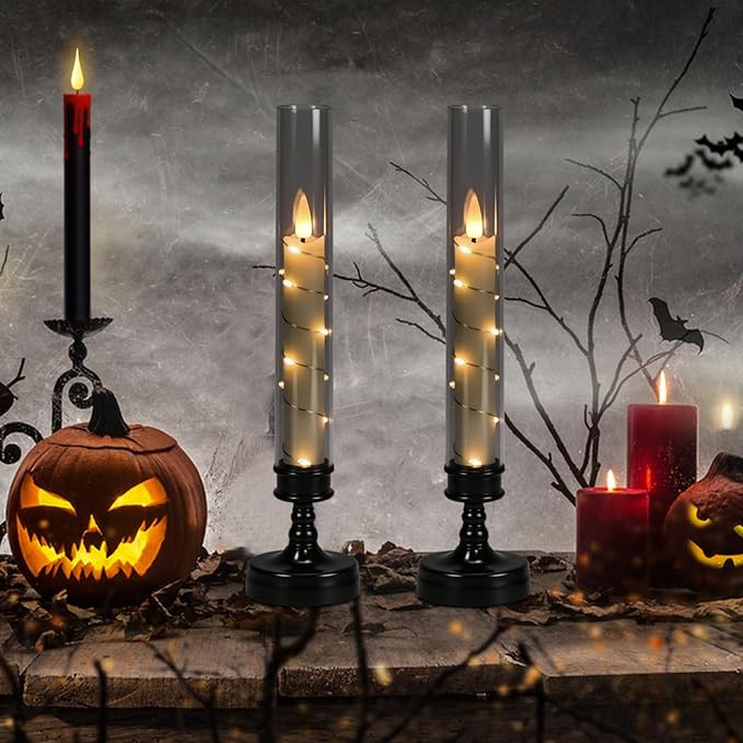 GenSwin Halloween Flameless Taper Candles with Remote and String Lights, Black Halloween Flameless Candles Battery Operated, 2 Pcs LED Flickering Candlesticks for Home Window Table Decor(D2.2”xH10”)