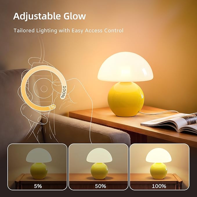 Mushroom Lamp Desk Lamp for Bedroom,Table Bedside Small Lamps for Living Room,Mushroom Decor Cute Mini Modern Mid Century Lamps for Night Stands,Aesthetic Home Living Room Decor(Yellow)