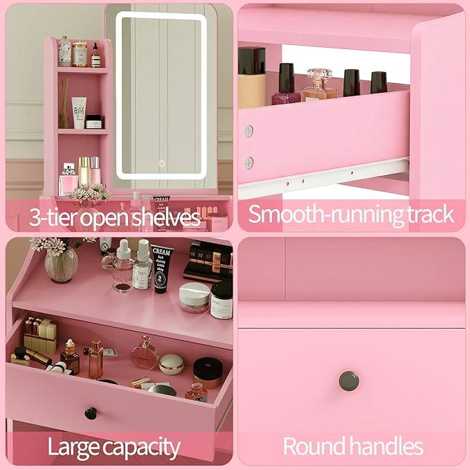 DUMOS Makeup Vanity Desk, Vanity Table Set with Mirror and Lights, Small Vanity with Storage Bench, Charging Station and Hair Dryer Holder, Dressing Table with Drawer and Three Shelves, Pink