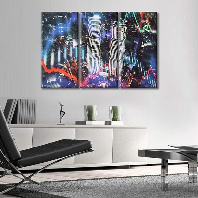 TUMOVO Business and Financial Concept Canvas Paintings Bedroom Canvas Wall Art 3 Panel Trading Graph on The Cityscape at Night Background Pictures Wall Art for Living Room Ready to Hang (42" Wx28 H)