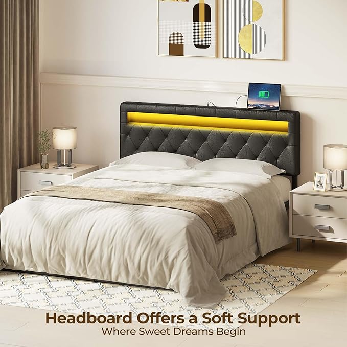 GREENSTELL Headboard for Full Size Bed with 60,000 DIY Color of LED Light, USB & Type C Post, Attach Frame, Height Adjustable, Black Wall Mounted Head Boards Only, Sturdy & Stable, Comfortable, Full