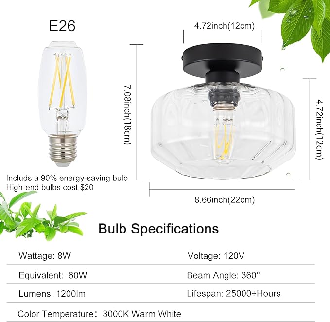 Tbaoinal Semi Flush Mount Ceiling Light with Diamond Glass Shade, 36-Faceted Panels Create Starburst Effect, 1200LM LED Bulb Included Matte Black Ideal for Hallway Entryway Kitchen Bathroom Bedroom