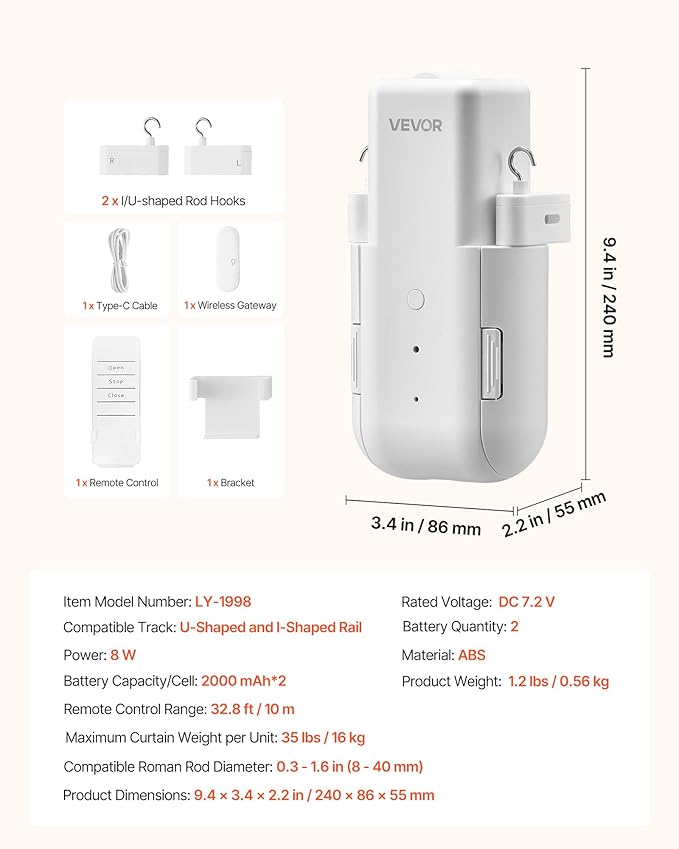 VEVOR Automatic Curtain Opener, APP and Remote Control, Hub Included, Electric Smart Curtain Opener Compatible with Alexa and Google Home, Timed Opening and Closing, for U-shaped/I-shaped Rails
