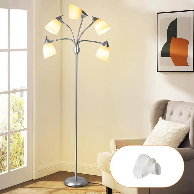 DINGLILIGHTING Floor Lamp Tall for Room: Flexible Gooseneck Floor Lamps Standing for Bedroom Home Office - Modern Floor Lights Silver 5-Light