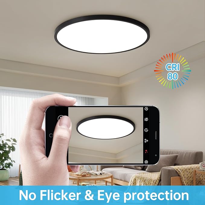 20 Inch Large LED Flush Mount Ceiling Light Fixture,45W,4600LM,3000K/4000K/6000K CCT Selectable,0.9 inch Super Slim Round Ceiling Light for Bedroom,Hallway,Kitchen (Dimmable Black 2PK)