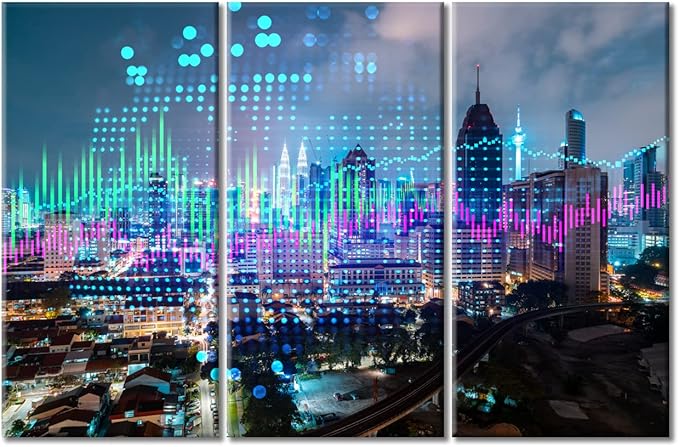 3 Panel Wall Art Stock Market on Display Paintings Modern Home Decor Stock Market Graph Hologram Night Panorama City View Pictures Wall Decor Living RoomArtwork Framed Ready to Hang (42"Wx28"H)