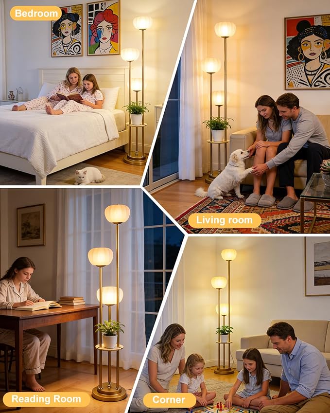 Lightdot Gold Dimmable Floor Lamp with Table, Mid Century Modern Floor Lamps with Pumpkin Lampshade & Bulbs, 3-Light Tall Standing Lamp for Living Room/Bedroom/Sofa Beside/Corner Decor