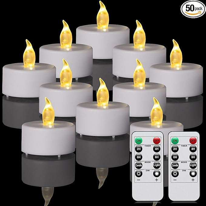 LED Tea Light Flameless Candles with Remote Control Flickering Tealight Long Lasting, Battery Operated with Timer for Halloween Home Decoration Seasonal &Festival Celebration WarmYellow (50pcs)