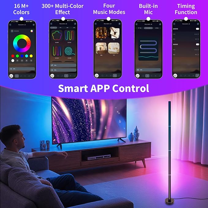 Corner Floor Lamp, Smart RGB LED Corner Lamp with App and Remote Control, 16 Million Colors & 68+ Scene, Music Sync, Timer Setting, Ideal Standing Lamp for Living Rooms,Bedrooms,Gaming Rooms