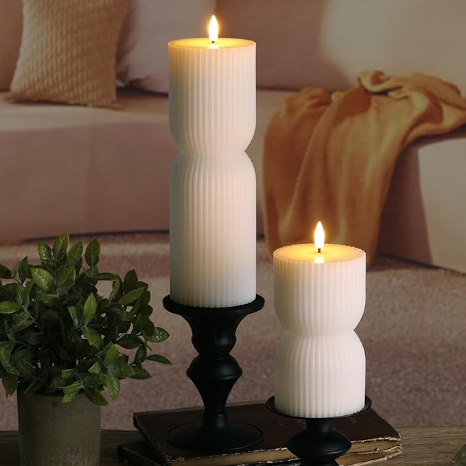 White Ribbed Flameless Pillar Candles with Remote, Real Wax Flickering Battery LED Candles Set of 2