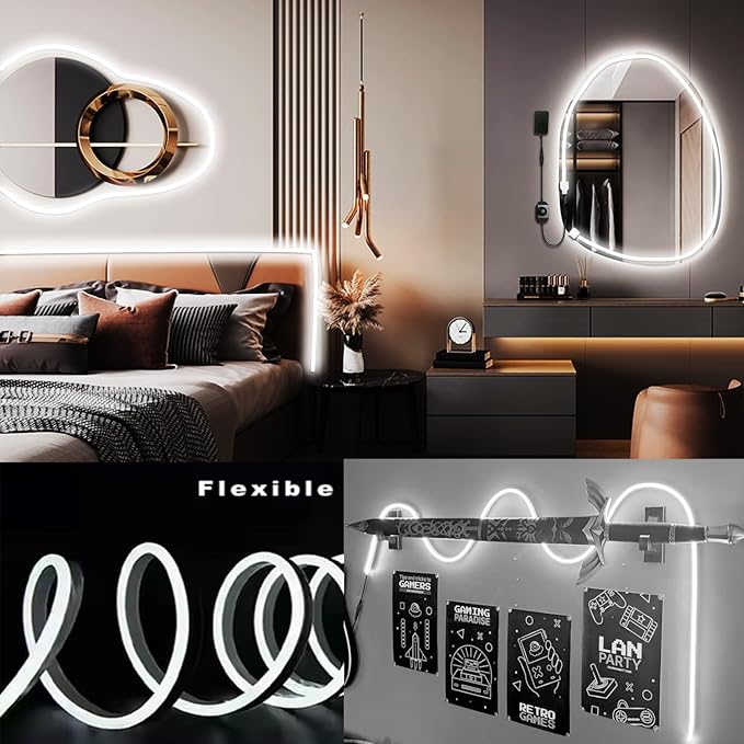 10FT Indoor Rope Lights, LED Vanity Lights for Mirror, Dimmable Rope Light Hollywood Style White Neon Rope Light for Makeup Vanity Table & Bathroom, Bedroom, Mirror not Included