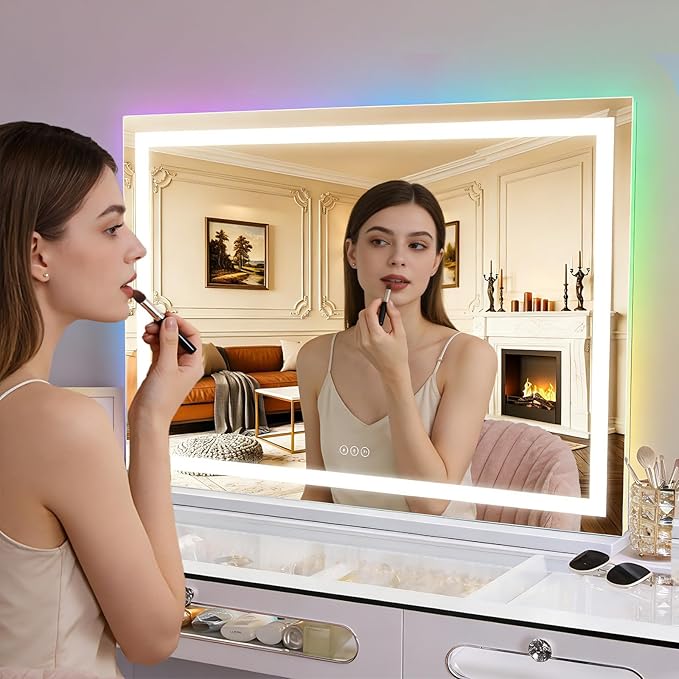 FENCHILIN Large Vanity Mirror with Lights 39"x32", RGB Backlit & Front Lit Hollywood Makeup Mirror, Shatterproof Tempered Glass, LED Strip 3 Color Modes, Smart Touch & Memory, Wall Mounted/Desk