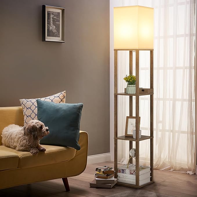 Mlambert Modern Shelf Floor Lamp with Wireless Charger & Fast Charging USB Ports & Type C Port & 2 Power Outlets,3 Tier Storage Lamp for Bedroom(Wood)