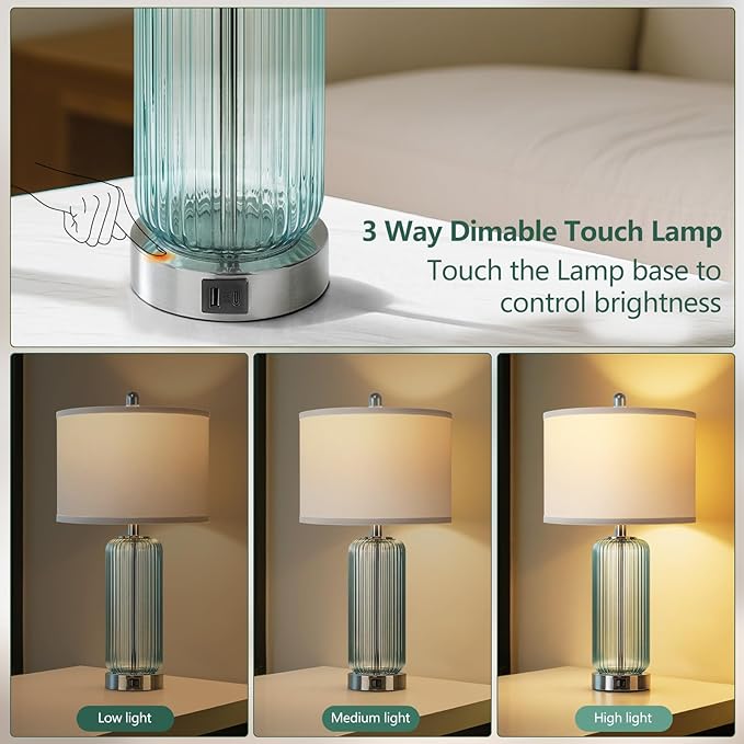 Table Lamps Set of 2 with Vertical Grained Glass, Teal Bedside Table Lamp, 3-Way Dimmable Nightstand Lamp with Touch Control, 27" Modern Glass Bedside Lamps with USB A+C Ports, Desk Lamp for Bedroom