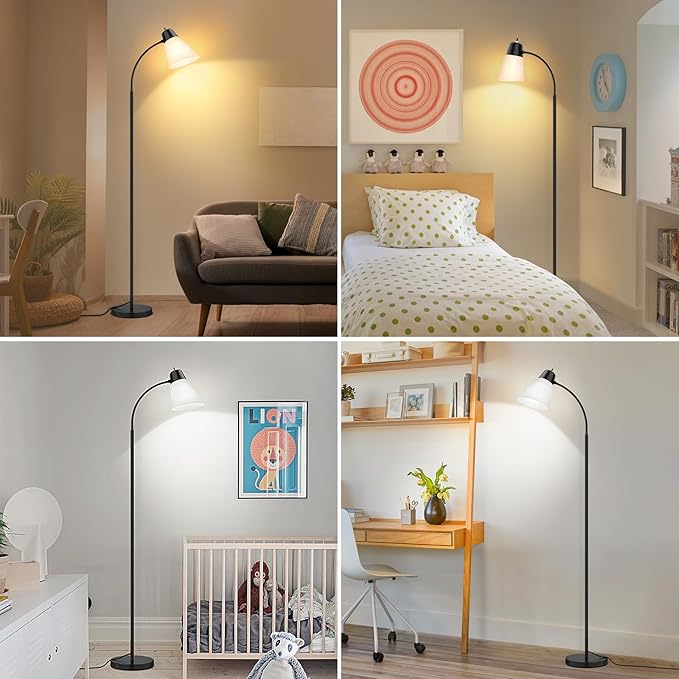 Floor Lamp for Living Room, Adjustable Head Standing Lamp with White Plastic Shade, Black Reading Floor Lamps for Dorm, Bulb not Included