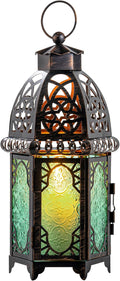 DECORKEY Moroccan Decorations for Home, 12.8’’ Vintage Metal Tabletop Candle Lantern, Spring Style Decorative Hanging Lantern, Christmas Halloween Candle Holders for Indoor Outdoor Patio Decor (Green)