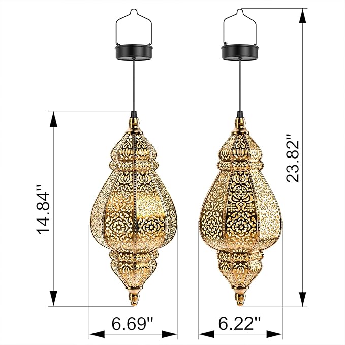 Moroccan Hanging Solar Lights Outdoor Lantern Bidirectional Availabili Garden Decor Waterproof Plastic Gold Decorations for Patio Pathway Yard Backyard Solar Powered Garden Decorative (1, gold)