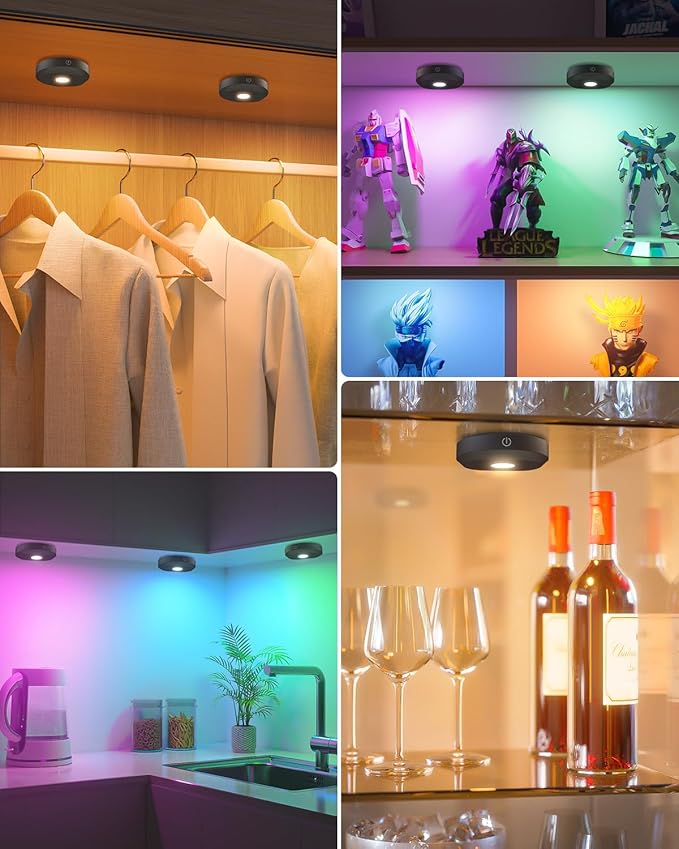 WILLED RGB Under Cabinet Lights,Rechargeable Puck Lights with Remote Control, Wireless Push Light with Timer Function,Dimmable LED Touch Tap Light for Kitchen,Cabinet,Closet, Counter,3 Pack