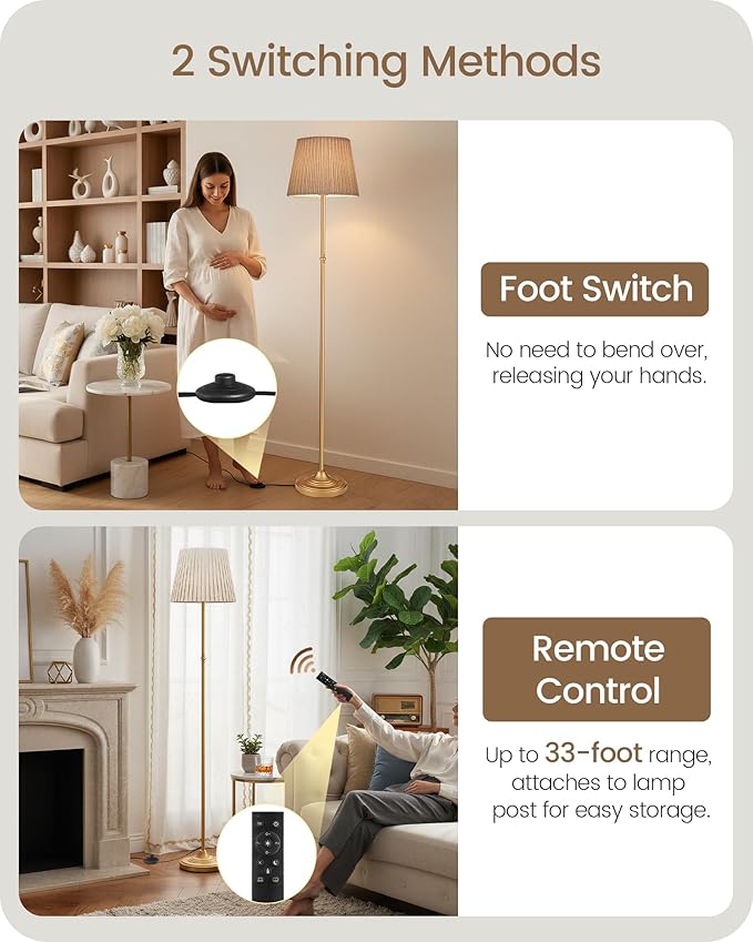 Dimmable Floor Lamp for Living Room, 68" Tall Standing Lamp, Reading Light with Remote & Foot Pedal, 10W LED Bulb (3000K-6500K) Included, FCC Listed, Reinforced Base, Gold and Beige DE12LD05